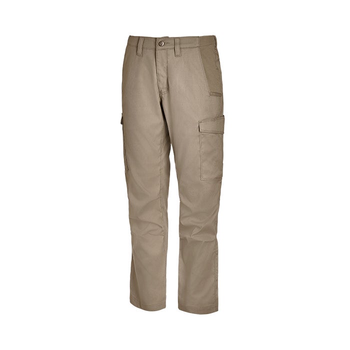 Product shot of tan cargo pants featuring multiple pockets and a buttoned waist
