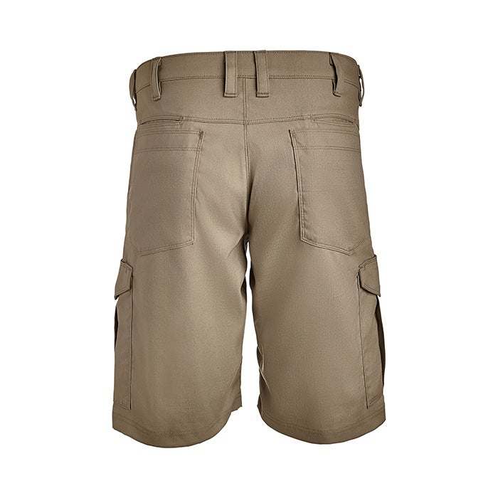 Product shot of khaki cargo shorts featuring a back view showing two back pockets and two large side cargo pockets with a reinforced waistband