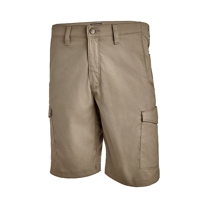 Product shot of beige cargo shorts featuring a button fly and two side pockets showcasing a durable and comfortable design