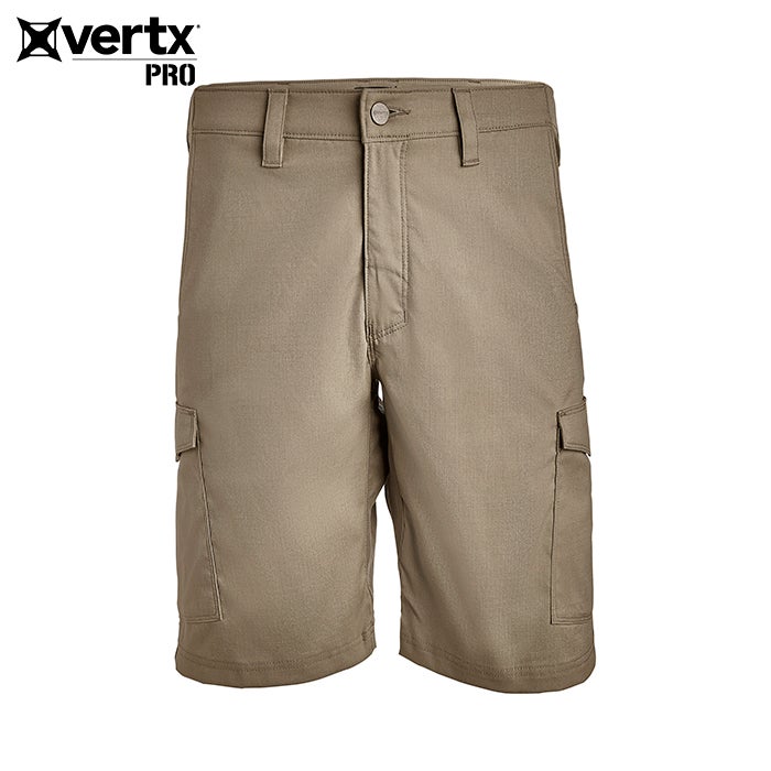 Product shot of Vertx Pro tactical cargo shorts showing a khaki color a button fly and side pockets