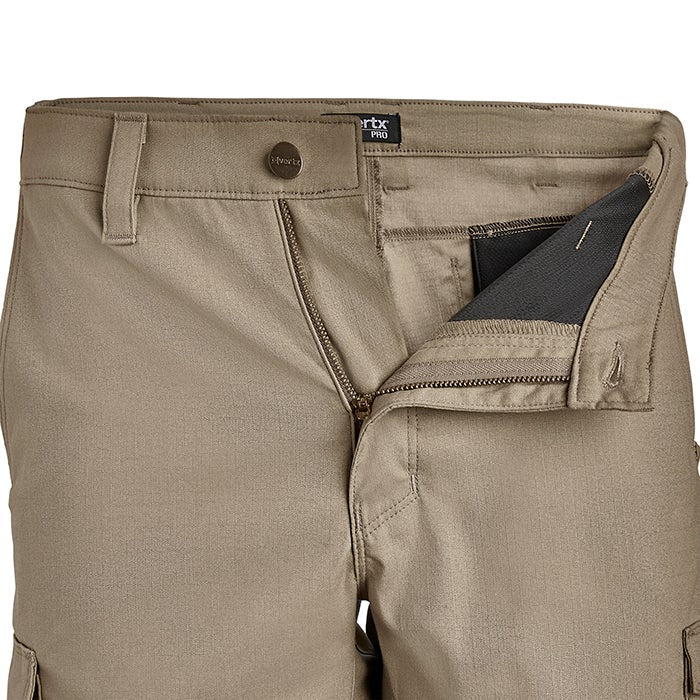 Product shot of 5.11 Tactical's Pro Series pants showing khaki fabric, a dark gray interior pocket, and a brass-colored zipper