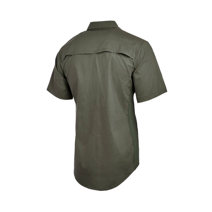 Product shot of a green short-sleeved shirt showing the back view with a curved hem and mesh side panels
