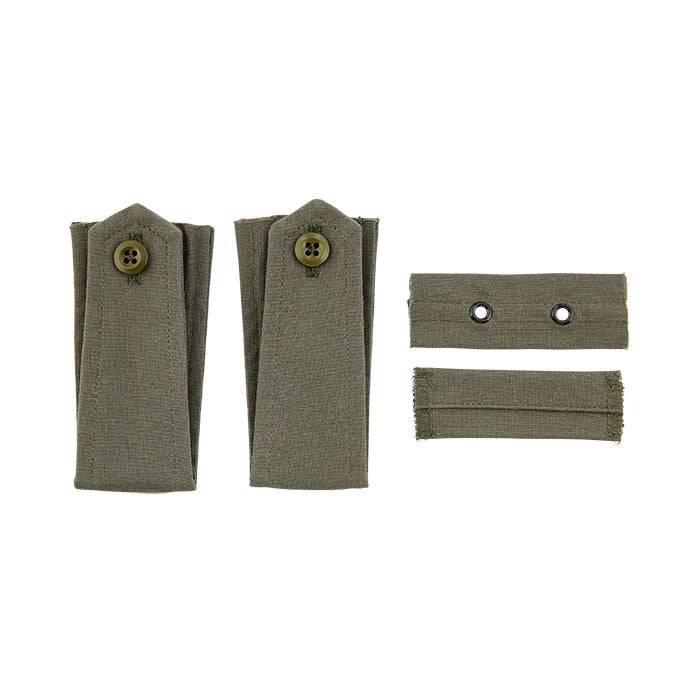 Close-up product shot of olive-green fabric epaulets with buttons and matching strap pieces showing raw edges and black eyelets