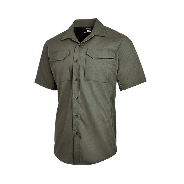 Product shot of a Vertx short sleeve button-down shirt featuring a dark olive green color, two chest pockets, and breathable mesh side panels
