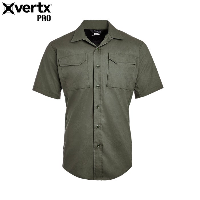 Product shot of a Vertx Pro olive green short-sleeve shirt featuring two chest pockets, a button-down front, and a slightly curved hemline