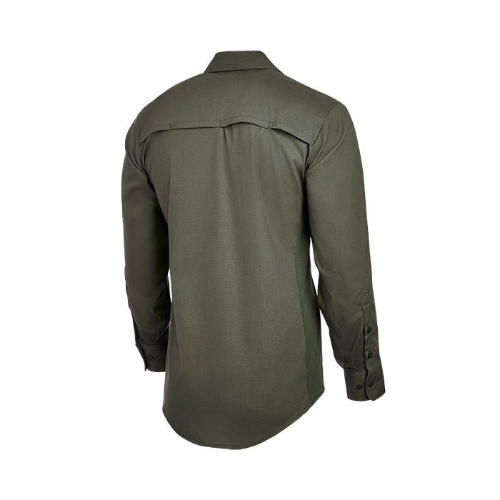 Product shot of a long-sleeved olive green men's shirt featuring a button-down collar, back yoke detail, and dark button cuffs