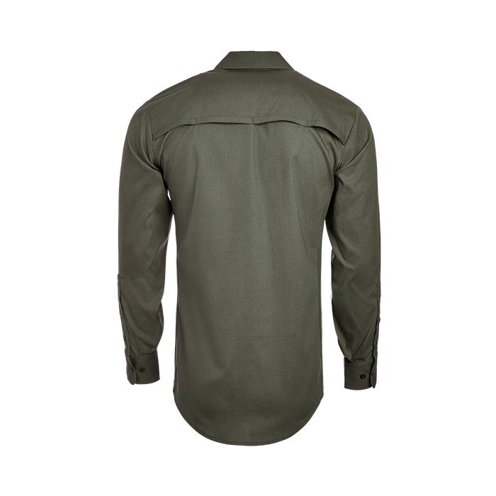 Product shot of a long-sleeved olive green shirt featuring a button-down collar and subtle textured fabric with dark buttons and a curved hemline