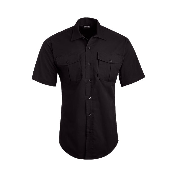 Product shot of a black X-Werks short-sleeve button-down shirt featuring two chest pockets and a curved hemline showing its details against a white background
