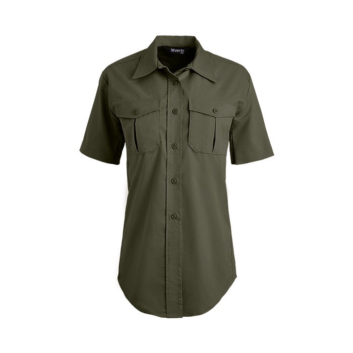 Product shot of a women's olive green Xpert short-sleeve uniform shirt featuring two buttoned flap pockets and a curved hem showcasing a professional and durable design