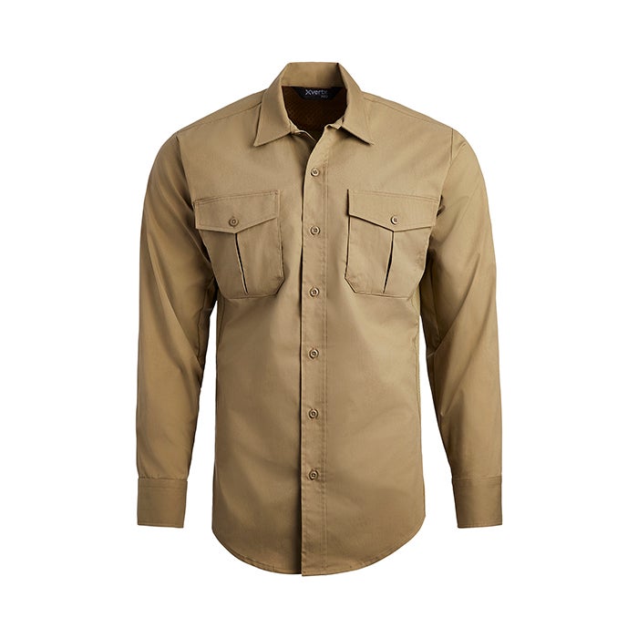 Product shot of a tan Xvert long sleeve button down shirt featuring two chest pockets and a classic collar design