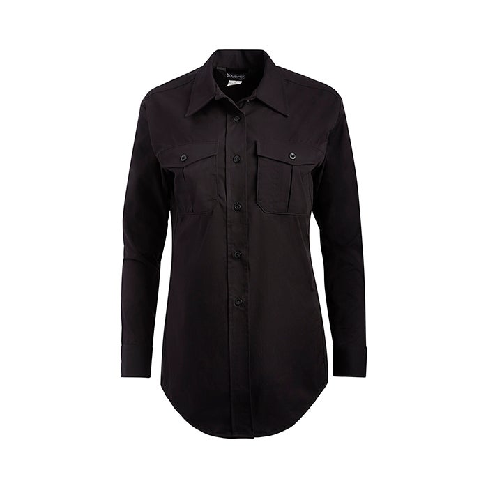 Product shot of a black Xpert long-sleeve button-down shirt with two chest pockets and a curved hem against a white background