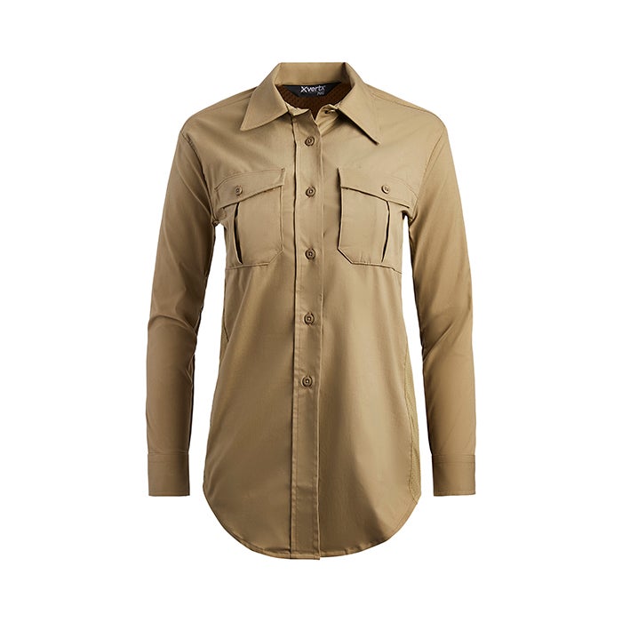 Product shot of a tan Xpert long-sleeved women's shirt featuring two chest pockets and mesh side panels for breathability and comfort