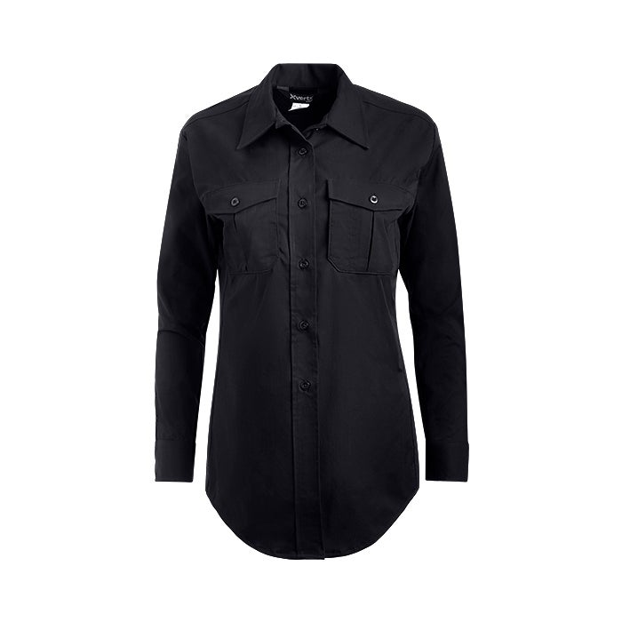 Product shot of a black X-Vert women's long-sleeve shirt featuring two chest pockets and a button-down front showcasing the brand's logo and a curved hemline