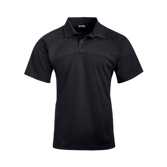 Product shot of a black XVERTEX short sleeve polo shirt featuring a three button placket and reinforced shoulder seams
