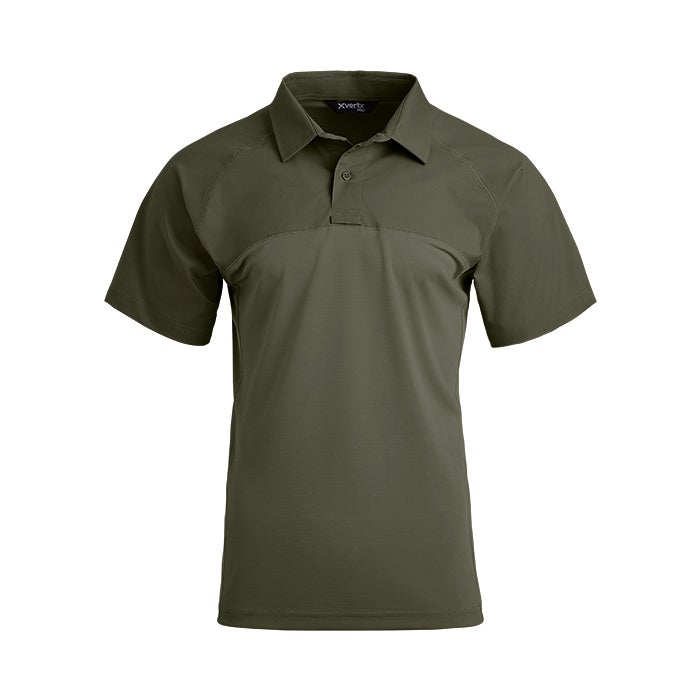 Product shot of an olive green XVert tactical polo shirt featuring a three button placket and reinforced shoulders
