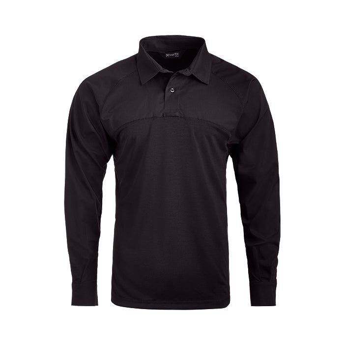 Product shot of a black Xerte long-sleeve tactical polo shirt featuring a button placket and reinforced shoulders against a white background
