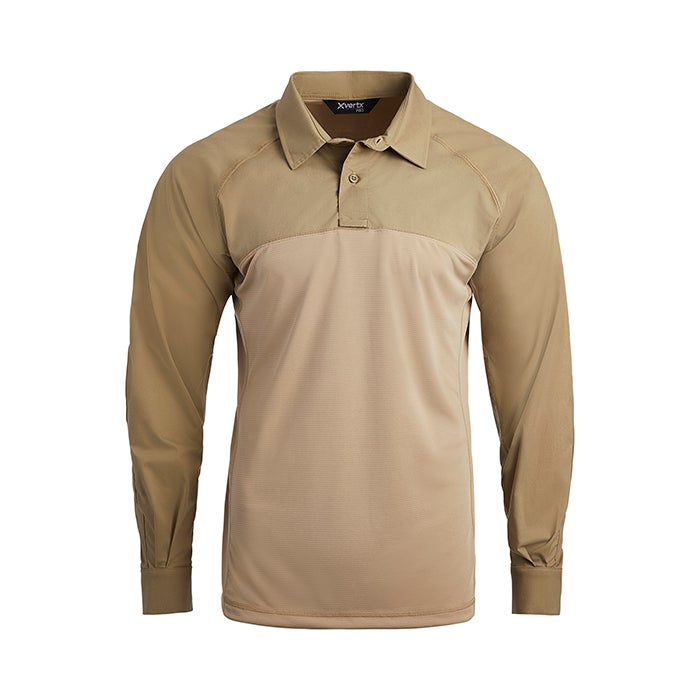 Product shot of a tan Xvert Pro long-sleeve polo shirt featuring a two-toned design with contrasting textures and a buttoned collar
