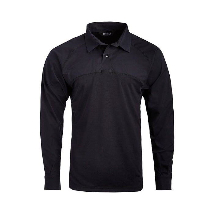 Product shot of a black Xpert long-sleeve polo shirt featuring a contrasting yoke and button placket against a white background