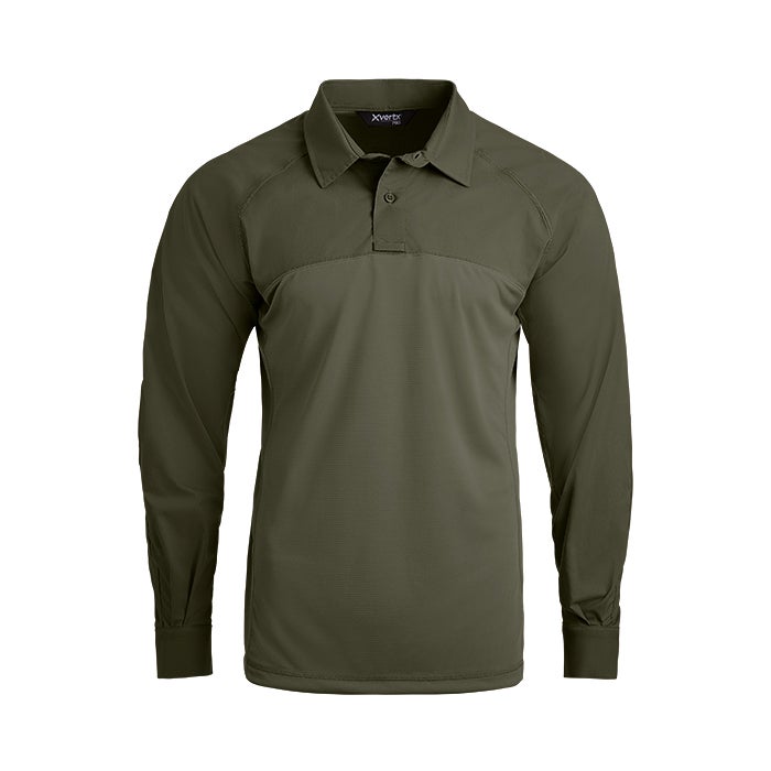 Product shot of a XVERT long-sleeve olive-green tactical polo shirt featuring a button-down collar, reinforced shoulders and a subtle textured fabric