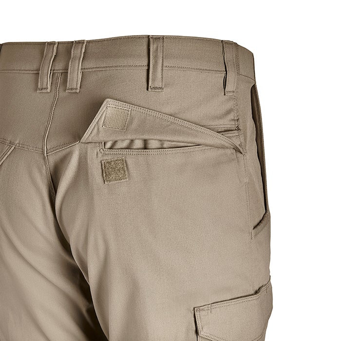 Product shot of beige tactical pants showing a hidden pocket and Velcro closures with cargo pockets and a unique waistband design