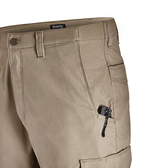 Product shot of tan XVertix cargo pants featuring a knife in a pocket multiple pockets and a subtle textured fabric