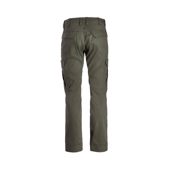 Product shot of olive green cargo pants featuring a reinforced waistband, large side pockets and a subtle textured fabric