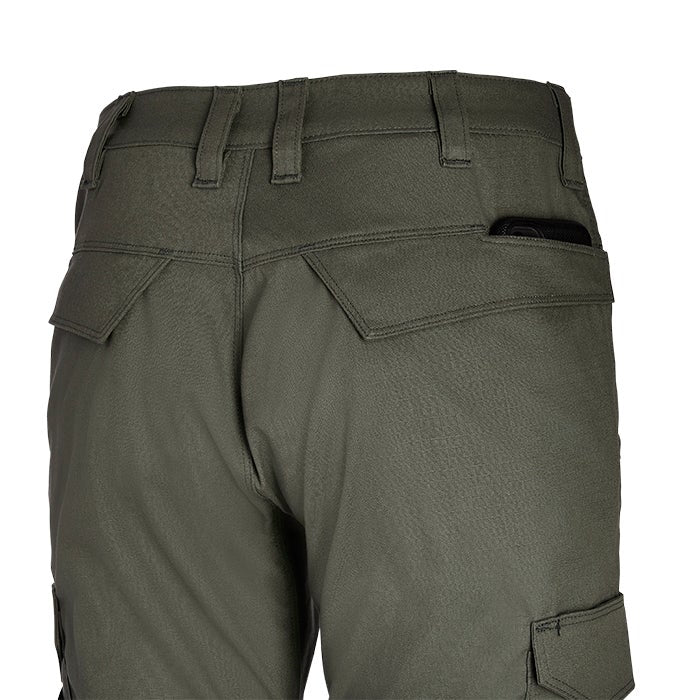 Product shot showing the back of olive green cargo pants with multiple pockets and reinforced stitching detail