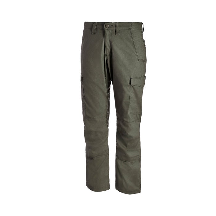 Product shot of olive green cargo pants featuring reinforced knees and multiple pockets against a white background
