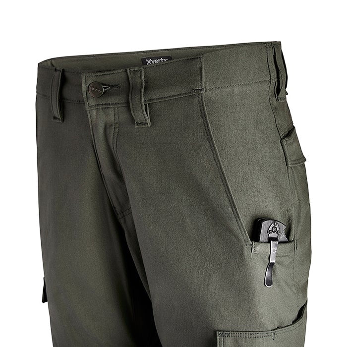 Product shot of XVertx tactical pants showing a dark olive green fabric, multiple pockets including a cargo pocket with a black folding knife visible, and a buttoned waistband
