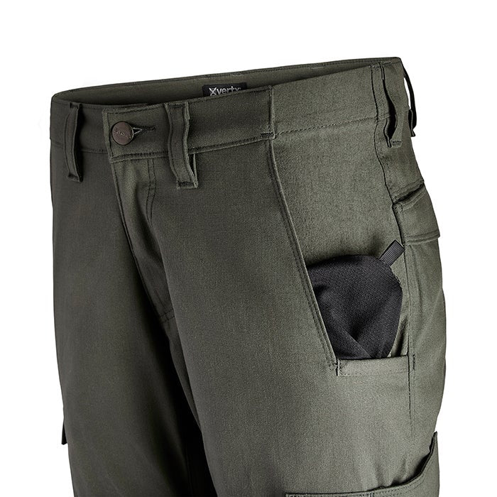 Product shot of XVerde tactical pants showcasing a button fly olive green fabric and a black fleece pocket liner with visible cargo pockets