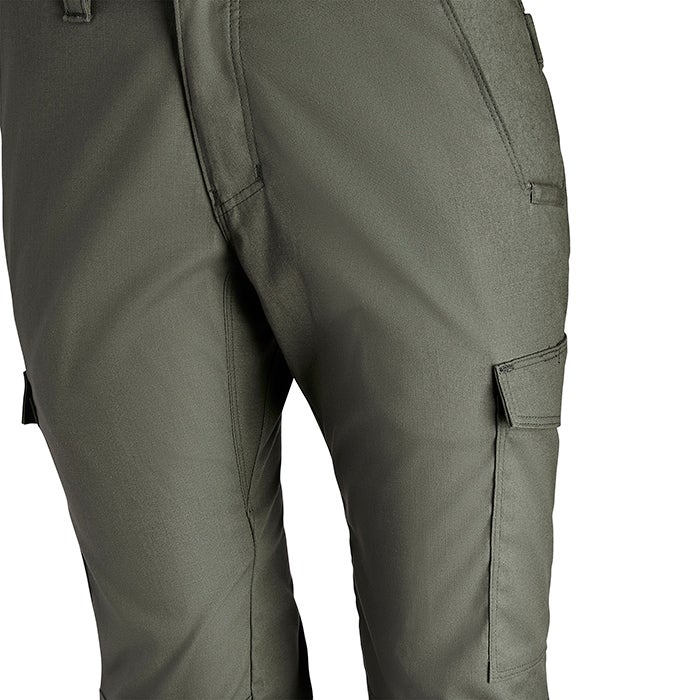 Product shot of olive green cargo pants showing multiple pockets and subtle stitching details