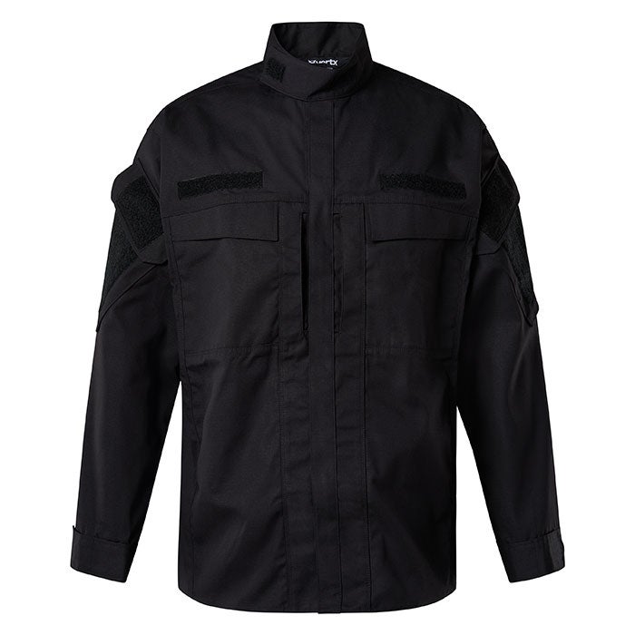 Product shot of a black tactical long-sleeve shirt with Velcro patches and pen pockets showing subtle texture and a hint of sheen on the fabric