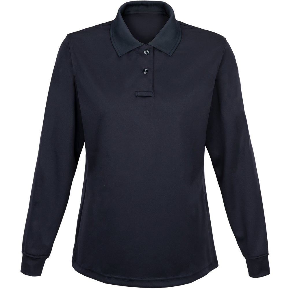 Product shot of a navy blue women's long-sleeve polo shirt featuring a three-button placket a subtle fabric texture and a classic collar design