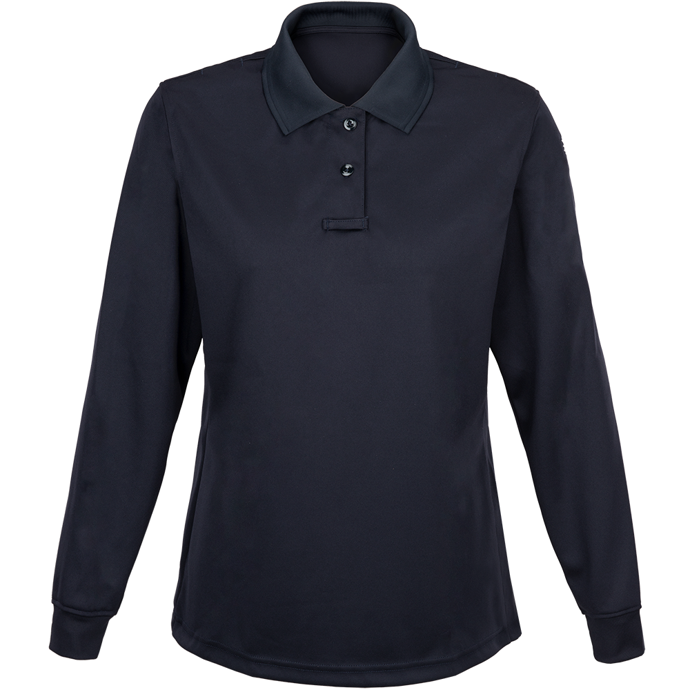 Product shot of a dark navy blue women's long-sleeve polo shirt featuring a three-button placket and a subtle, textured fabric with a fitted silhouette