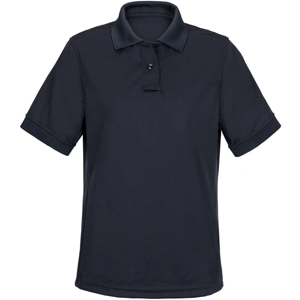 Product shot of a dark navy blue women's short sleeve polo shirt featuring a three button placket and ribbed collar