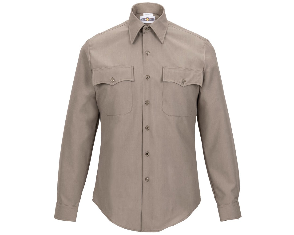 Product shot of a beige Flying Cross long-sleeve work shirt featuring two chest pockets and a button-down collar with subtle herringbone texture and brown buttons