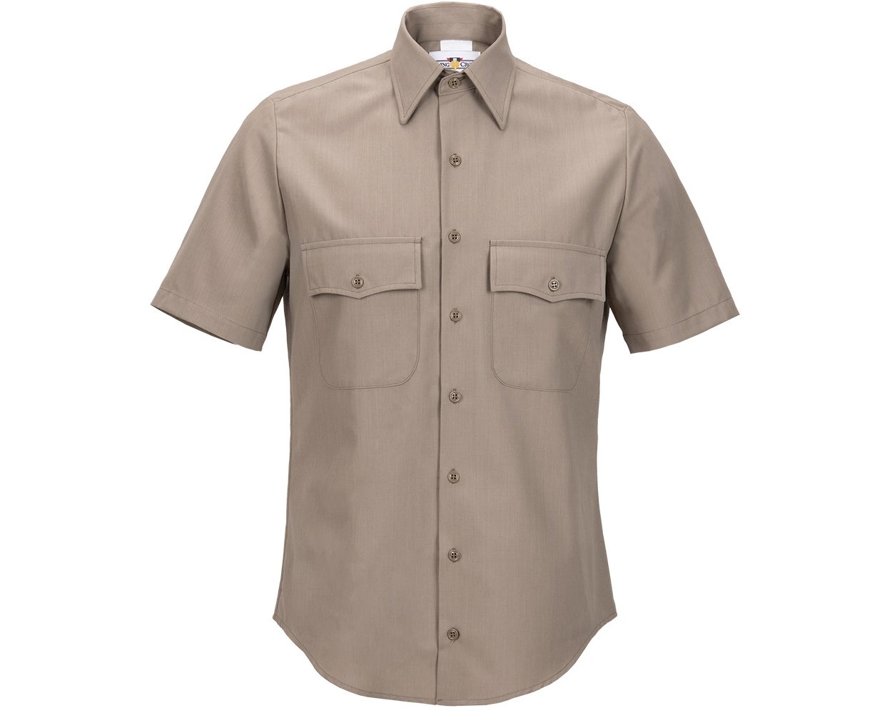 Product shot of a tan short sleeve button down shirt with two chest pockets and bronze buttons against a white background