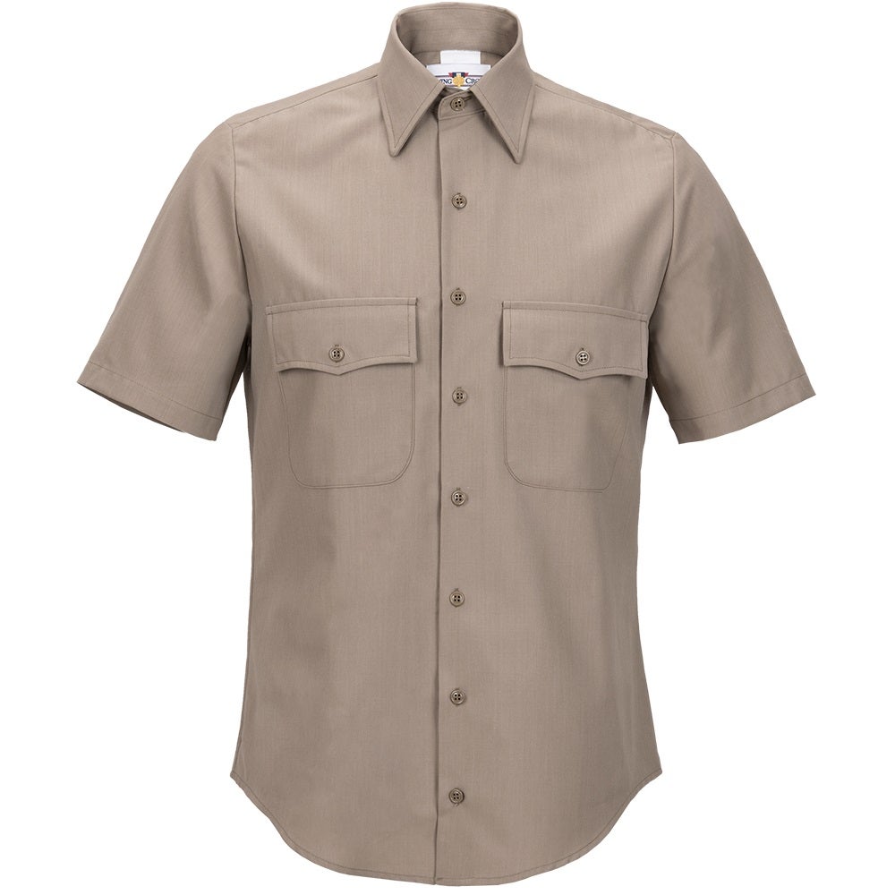 Product shot of a beige short-sleeve work shirt featuring two chest pockets and a button-down front with subtle texture and metal buttons
