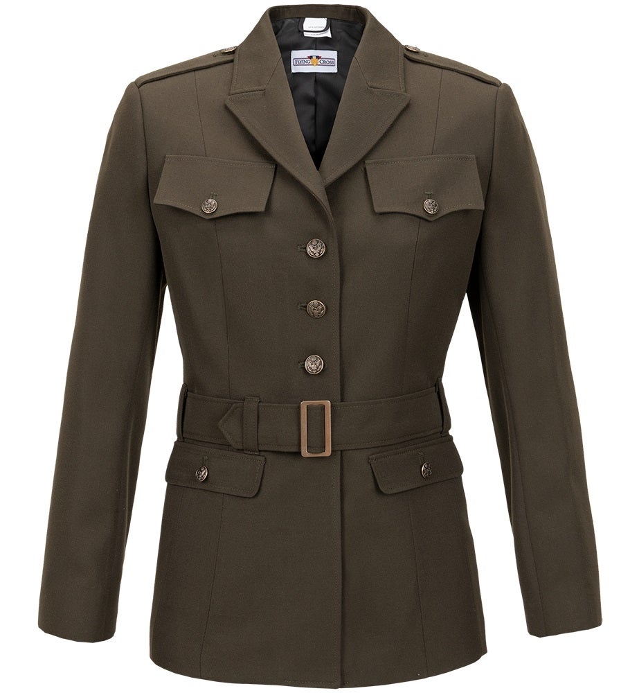 Flying Cross womens olive green USMC service jacket with brass buttons and belted waist featuring flap pockets and a notched collar
