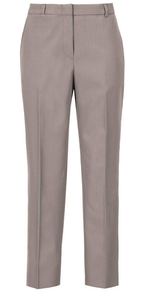 Product shot of taupe women's trousers featuring a center crease, a flat front, and straight legs.