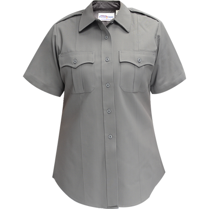 Product shot of a Flying Cross women's short sleeve gray shirt featuring a collared neckline, button front closure, and two chest pockets with button flaps showcasing a muted color palette and subtle texture
