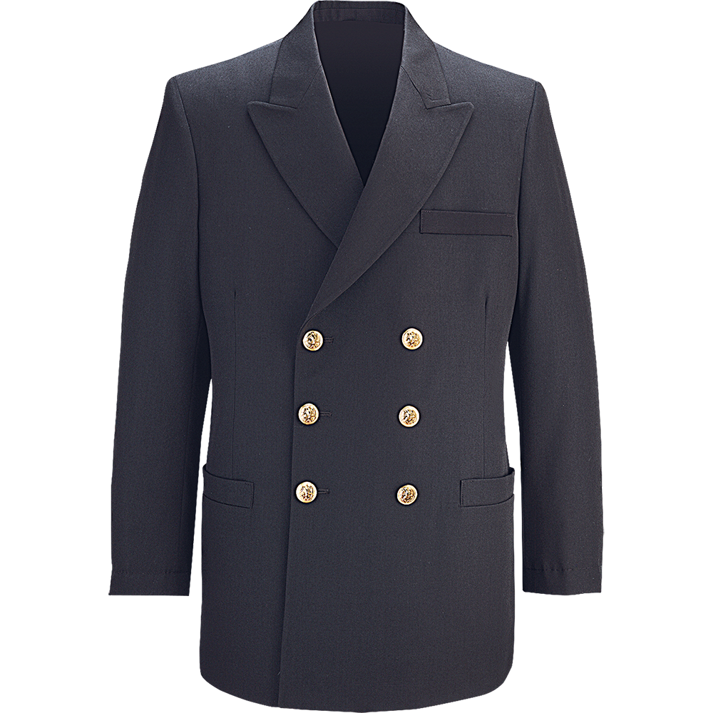 A dark navy wool double-breasted jacket with six gold lion head buttons a patch pocket and notched lapels
