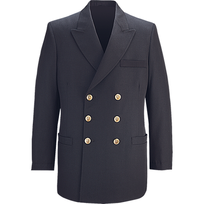 A dark navy wool double-breasted jacket with six gold lion head buttons a patch pocket and notched lapels

