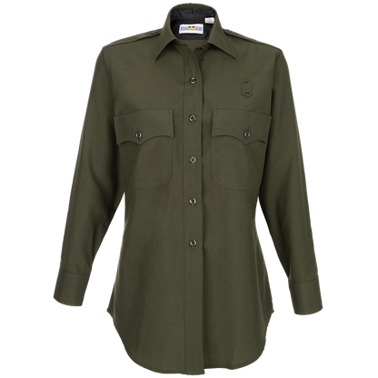 Product shot of a Flying Cross women's long-sleeve olive green uniform shirt featuring button-down front, two chest pockets with button closures, and embroidered insignia on the left chest
