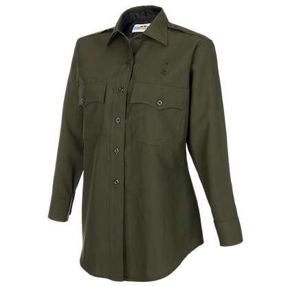 Product shot of a women's long-sleeved, olive-green uniform shirt featuring two chest pockets, black buttons, and a collared neckline
