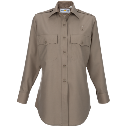 Product shot of a Flying Cross khaki long-sleeve women's uniform shirt featuring two chest pockets buttoned flaps and a button-down collar showcasing a neutral color palette and subtle stitching details
