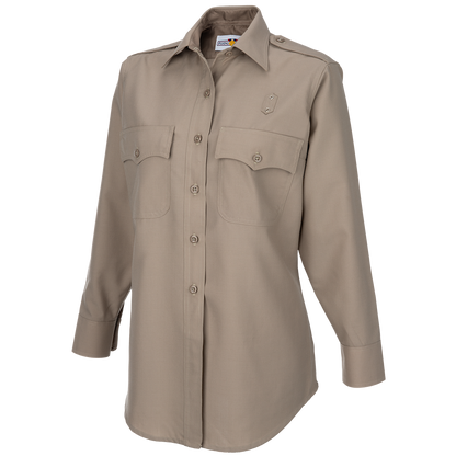 Product shot of a beige long-sleeve button-down shirt with two chest pockets and epaulets featuring a logo on the collar
