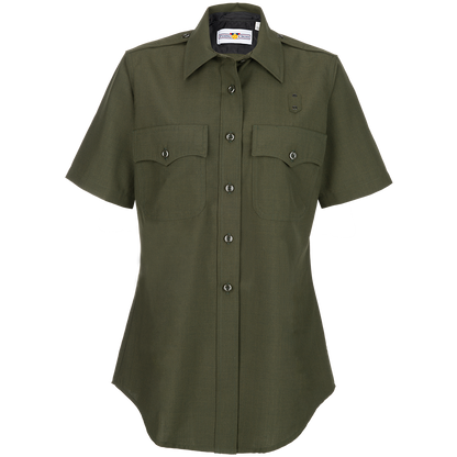 Flying Cross womens short sleeve olive green uniform shirt with epaulets and two flap pockets featuring a button-down front and a curved hem
