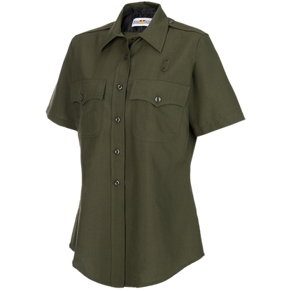 Product shot of a Flying Cross women's short-sleeve olive green uniform shirt featuring a collared neckline, button closures, and two flap pockets showcasing its durable fabric and classic design
