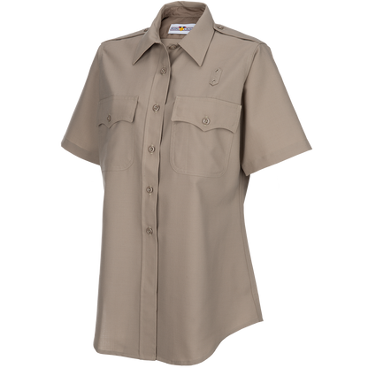 Product shot of a beige Flying Cross women's short-sleeve uniform shirt featuring two chest pockets, button-down front, and a subtle collar design